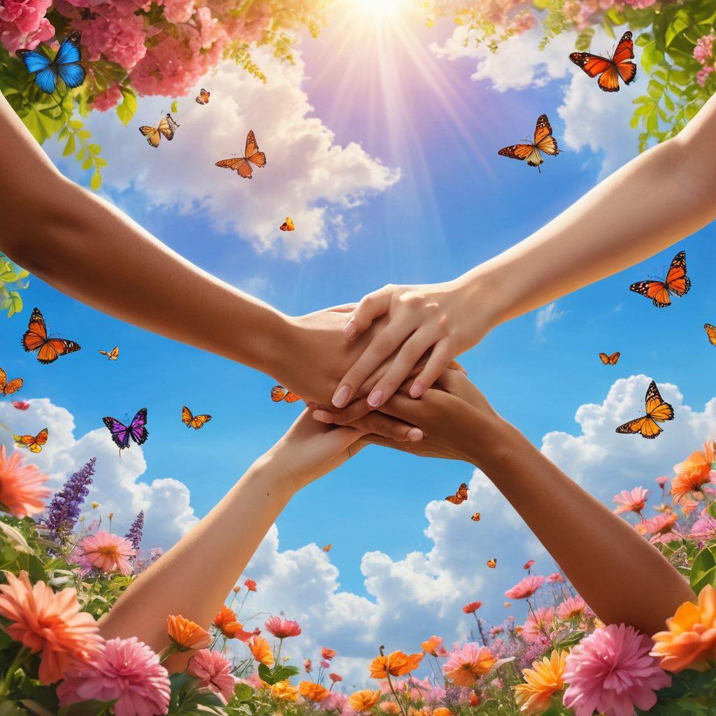 A serene landscape featuring intertwined hands of diverse individuals, surrounded by blooming flowers symbolizing emotional connections. A soft sunlight filters through gentle clouds above, casting a warm glow over the scene, evoking feelings of harmony and happiness. Include butterflies fluttering, representing transformation and joy. super-realistic. vibrant colors. soft focus.