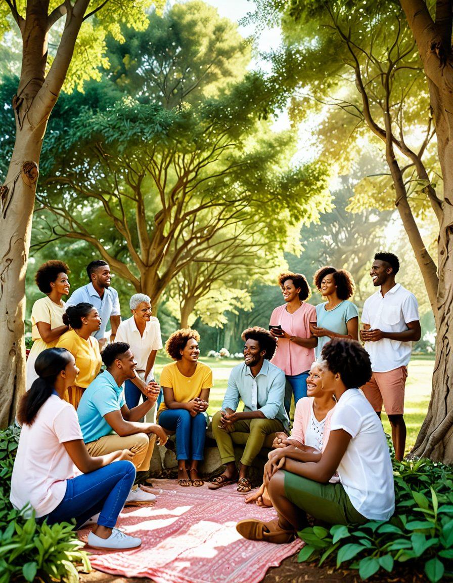A warm, inviting scene of diverse people engaging in joyful conversations, surrounded by nature with sunlight filtering through trees. Include symbols of emotional wellness like hearts and interlinked hands, conveying connection and intimacy. Soft, vibrant colors to evoke feelings of happiness and serenity. super-realistic. vibrant colors.