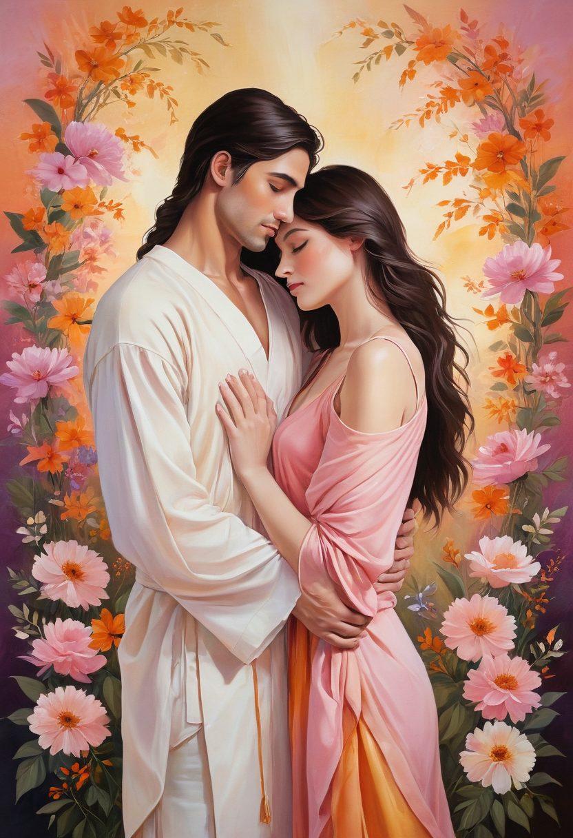 A serene and intimate setting featuring two figures engaged in a gentle embrace, surrounded by soft, warm lighting that evokes a sense of love and tranquility. Incorporate elements of nature like blooming flowers and flowing fabric to enhance the theme of sensuality and self-love. The background should blend a warm color palette, capturing the essence of romance and connection. painting. vibrant colors.